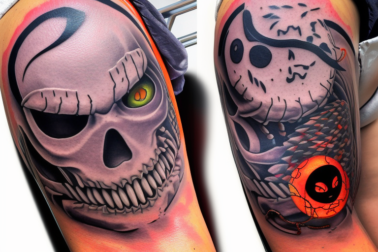 An orange shinigami mask on the shoulder, with a chained red moon on the back of the shoulder. On the forearm there are two snakes, a green one and a violet one. Autumn leaves and mystical amulets at the wrist tattoo idea