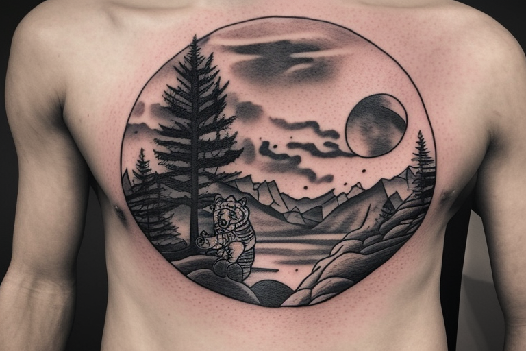 A guy and an angry bear in a forest sunset behind the mountains tattoo idea   TattoosAI