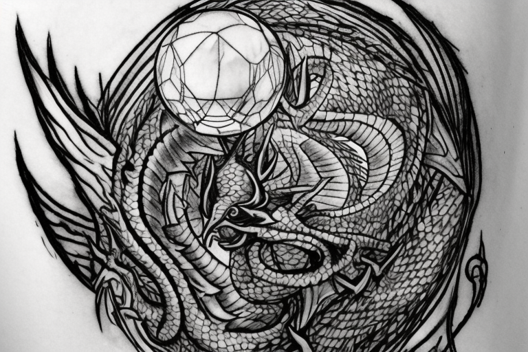 tattoo, drawing on paper, sketch, chimera,big , dragons wings, lions mane, crystal ball, shaman, dark, vertical, horns, dragons claws, shadow, snake tail, trippy, crystal ball at bottom, feet on crystal ball, tribal, black and white, big black wings, high quality, good design, artist, interesting, thoughtful, dragon scales, totem pole shape, vertically stacked, meditate, full image tattoo idea