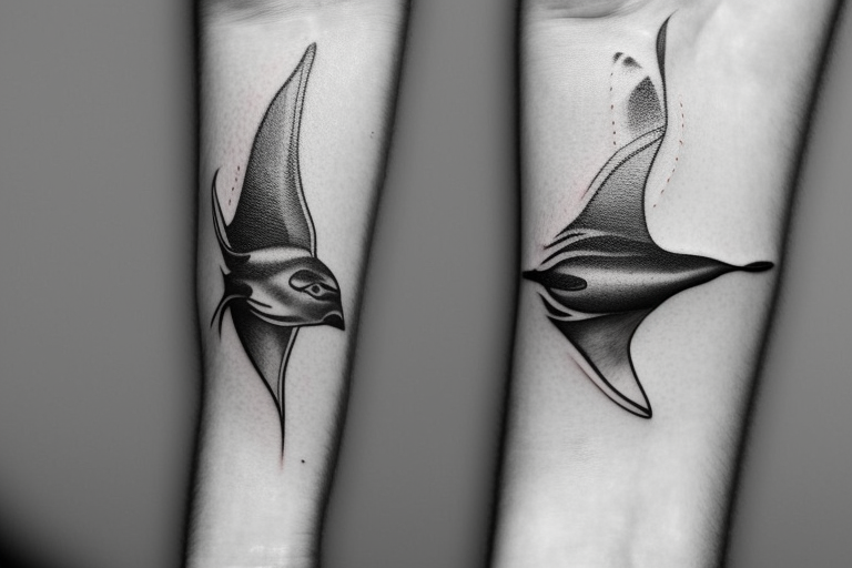 Imagine a minimalist fine-lined tattoo combining a manta ray and an eagle. The manta ray extends along your wrist, its wings delicately depicted for freedom and skill. Within the ray, an eagle's outline emerges - its claws and beak symbolizing strength, dominance, and courage. This fusion represents grace and power, femininity and warrior spirit . tattoo idea