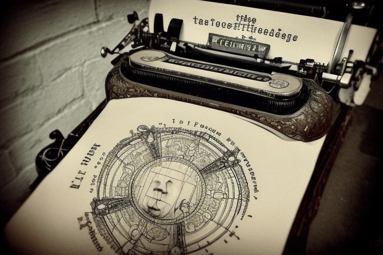 The tattoo showcases an old-fashioned typewriter at the center, meticulously depicted with intricate details and a vintage aesthetic. Above the typewriter, a ghost emerges, portrayed with a translucent form, ethereal wisps, and a mischievous expression. Floating above the ghost, a UFO glows with a metallic structure and a soft radiance. From the typewriter's keys, an assortment of creatures materialize: majestic dragons soaring with vibrant scales, playful goblins with impish grins, graceful unicorns, and whimsical anthropomorphic animals. The typewriter sits on an ornate wooden desk adorned with intricate engravings. tattoo idea