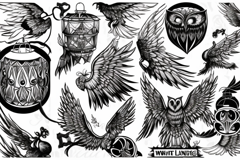 White owl wings spread perched a lantern with a candle melting tattoo idea