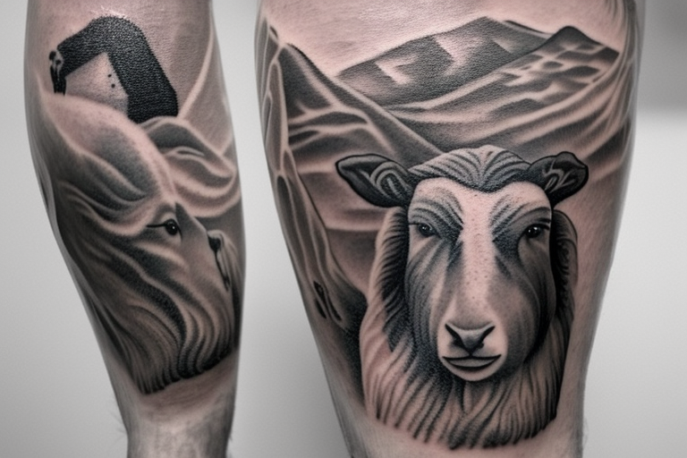 Description:
The "Serene Shepherd's Stride" tattoo design is an artistic masterpiece that captures the essence of pastoral tranquility and timeless symbolism. The central focus of the tattoo is a tall and dignified shepherd, walking gracefully sideways, with a peaceful countenance and an air of wisdom surrounding him.

The Shepherd:
The shepherd is depicted as a noble figure, exuding a sense of gentle authority and profound connection to nature. He stands tall with a slightly leaning posture, suggesting his harmony with the world around him. His attire consists of traditional shepherd's robes, adorned with intricate patterns that reflect the rural heritage and simplicity of his life.

The Crook:
In one hand, the shepherd carries a classic wooden crook, elegantly curved and adorned with subtle etchings of leaves and vines. The crook symbolizes his role as a guardian and protector of the flock, guiding them with love and care. The crook's curves also mirror the flowing lines of the design, creating a sense of harmony and unity.

Landscape and Scenery:
The shepherd is set against a backdrop of rolling hills and lush green fields, representing the vastness of the natural world he navigates. Soft, wispy clouds dot the sky, adding a touch of tranquility and calmness to the overall ambiance. A few sheep can be seen in the distance, quietly grazing and embodying the idea of community and harmony.

Style and Colors:
The "Serene Shepherd's Stride" tattoo design embraces a unique blend of realism and artistic surrealism. The artist utilizes fine lines and intricate details to bring out the shepherd's character and emotions while incorporating subtle abstract elements in the landscape to add an ethereal touch.

The color palette is predominantly earthy and natural, with shades of olive green, warm brown, and gentle pastels for the sky. Hints of gold and bronze accents are sprinkled throughout the tattoo, representing the sun's gentle rays caressing the pastoral scene.

Placement and Size:
This design is best suited for a medium to large tattoo, allowing for the intricate details to shine. It is ideal for placement on the upper arm, back, or thigh, providing enough space to bring the entire scene to life while gracefully following the contours of the body.

The "Serene Shepherd's Stride" tattoo design conveys a sense of peaceful harmony, inspiring those who bear it to embrace their role as caretakers and guides in their own lives, while appreciating the beauty and simplicity of nature's rhythms. tattoo idea