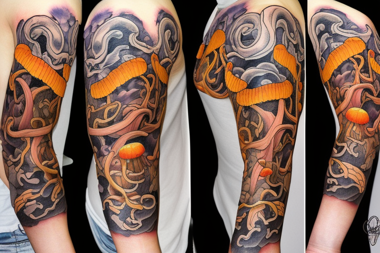 rainy sky with storm clouds with Chanterelle mushrooms full sleeve tattoo idea