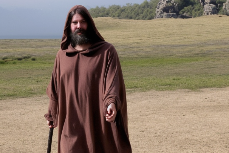 The man is dressed in simple, loose-fitting clothes that are typical of the first century. He is wearing a long tunic, a hooded cloak, and sandals. His hair is long and tied back in a ponytail. He has a long, thin face and a beard. He is holding a staff in his left hand and is walking west. The background is blank.

The drawing is done in black lines on a blank background. The lines are simple and delicate, and they capture the man's thin, wiry frame. The man's face is expressionless, and his eyes are cast down. He seems to be lost in thought as he walks west.

The drawing has a sense of timelessness. The man's clothes and hairstyle are typical of the first century, but the drawing could have been made any time in the past 2,000 years. The blank background also contributes to the sense of timelessness. The man could be walking anywhere, at any time.

The drawing is a simple yet evocative image of a man walking west. It is a reminder that people have been walking west for centuries, in search of new lands, new opportunities, and new beginnings. tattoo idea
