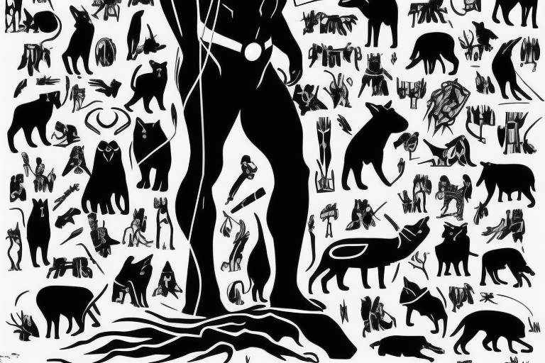 A black panther walking towards the front, full body
Besides her there´s a tall thin man, carring a shepherd's crook tattoo idea