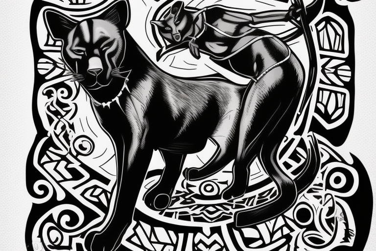 A black panther walking towards the front, full body
Besides her there´s a tall thin man, carring a shepherd's crook tattoo idea