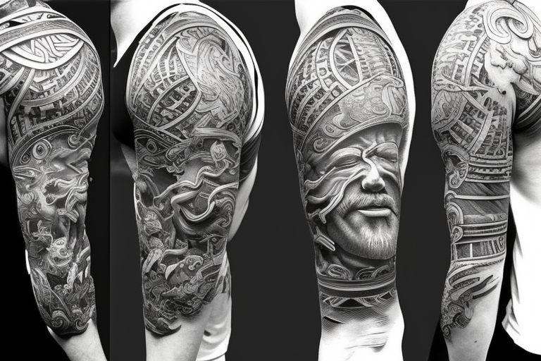 Unique Full arm sleeve made up of gods from green mythology tattoo idea