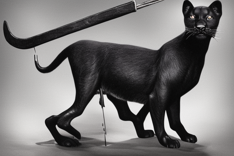 ONE little black panther, designed realistic like the animal, showing full body sitting and holding a shepherd's crook (from the first centuries with a single hook) in between its legs.

Panther: strong, all black with green eyes. She is caring a shepherd's crook.

Shepherd's crook: with a hook, like the ones in the first centuries.

Background: no background in the tattoo, blank

Design: realistic, like the animal facing front tattoo idea
