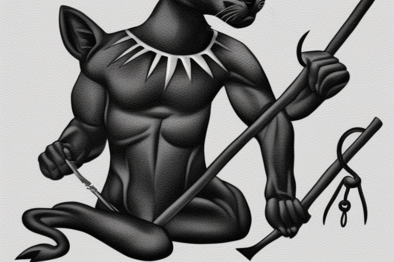 ONE little black panther, designed realistic like the animal, sitting and holding a shepherd's crook from the first centuries with a single hook that is being hold by her left pawn. tattoo idea