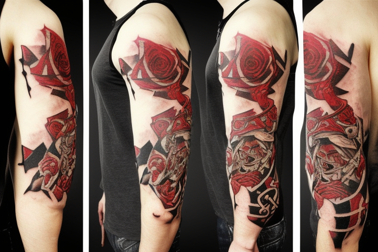 assassin's creed viking flag with horns,roses and spears tattoo idea