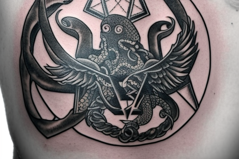 There are 5 separate objects in this tattoo: a phoenix, an illuminati triangle, a justice scale, keys, a octopus. it is rather a vertical tattoo, black and white. On the top of it, there will be a phoenix with the words "post-tenebras lux" written in it. Down, there will be some papal crossed keys. Down, there will be a triangle with en eye it. In between the eye and the borders of the triangle, there is a black and white rainbow. On top corner of the triangle, there is a scale of justice. Around the triangle, there are 5 octopus legs. In each leg there is a word from this quote "si vis pacem para belum". tattoo idea
