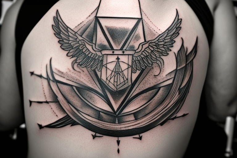 There are 5 separate objects in this tattoo: a phoenix, an illuminati triangle, a justice scale,  crossed keys, a octopus. 
On the top of it, there will be a phoenix with the words "post-tenebras lux" written in it. 

At the bottom of that, there will be some papal crossed keys. 
At the bottom of that, there will be a triangle with an illuminati eye.

Above the triangle, there is a scale of justice. Around the triangle, there are 5 octopus legs. In each leg there is a word from this quote "si vis pacem para belum". tattoo idea