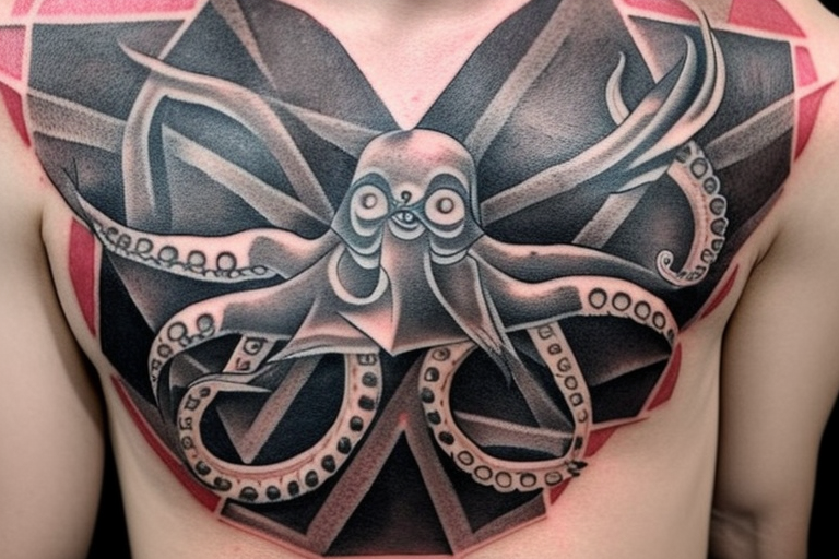 There are 5 separate objects in this tattoo: a phoenix, an illuminati triangle, a justice scale,  crossed keys, a octopus. And, there will be 2 wtitten quotes: "post-tenebras lux" and "si vis pacem para belum".
On the top of it, there will be a phoenix with the words "post-tenebras lux" written in it. 

At the bottom of that, there will be some papal crossed keys. 
At the bottom of that, there will be a triangle with an illuminati eye.

Above the triangle, there is a scale of justice. Around the triangle, there are 5 octopus legs. In each leg there is a word from this quote "si vis pacem para belum". tattoo idea