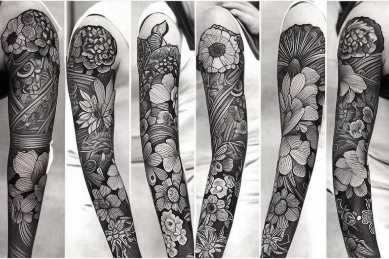 Left arm upper half sleeve, feminine, floral tattoo idea