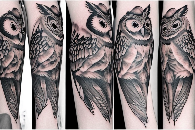Left arm upper half sleeve, feminine, realistic owl tattoo idea