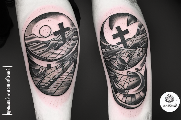 Moon with a cross in middle and man walking up stairs tattoo idea