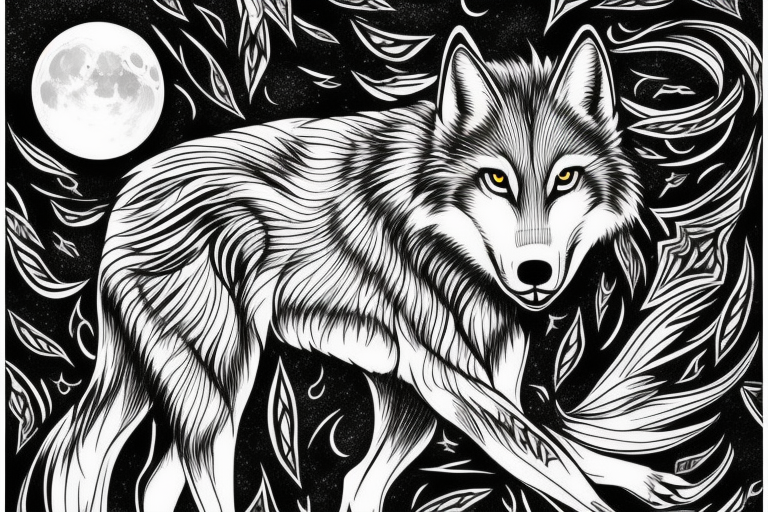 sophisticated wolf combined with nature , shining moon in the background  --v 5 tattoo idea