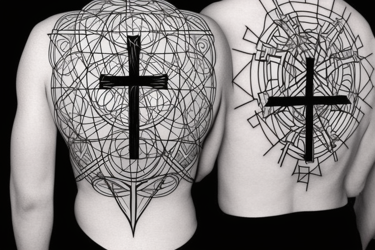 Three Christian Crosses Thin Lines wiht Sacred Geometry Background back tattoo tattoo idea