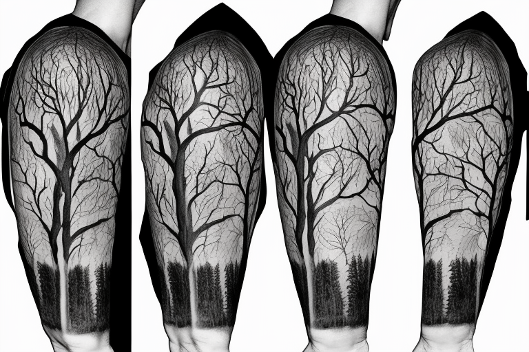 Dead forest with pathway and man walking alone sleeve tattoo idea