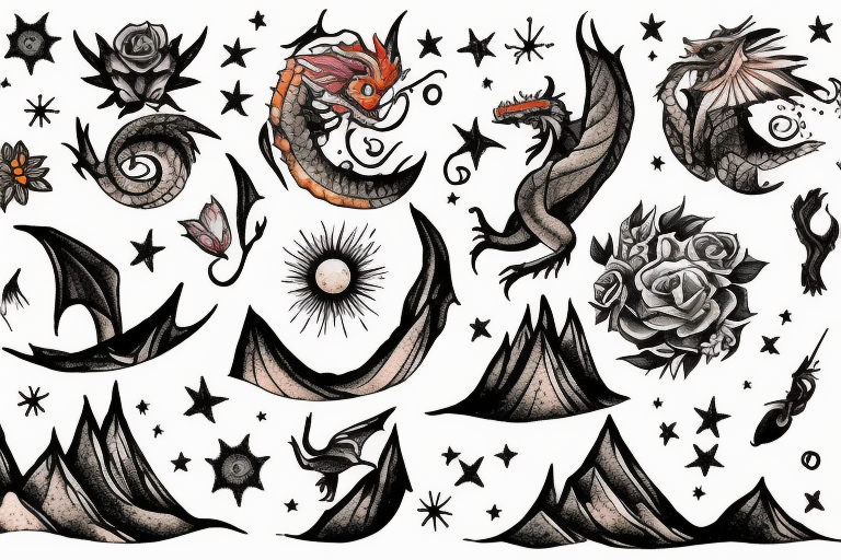 a book opened to flowers, mountains, ocean animals, stars, dragons, planets and sky coming out of it in one small image tattoo idea