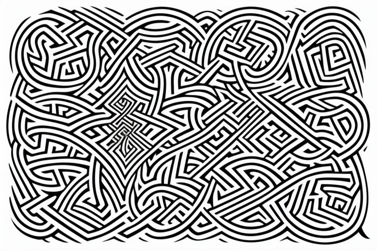 minimalist labyrinth design in dark black ink. The symmetrical pattern represents life's complexities and the bearer's desire for control and manipulation. tattoo idea