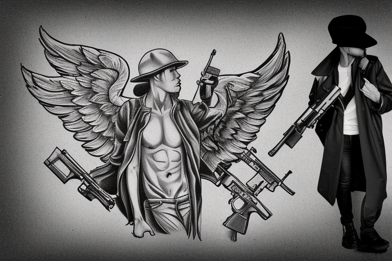 Male angel on pavement with dark background holding two guns infront of him wearing trench coat and sicilian cap tattoo idea