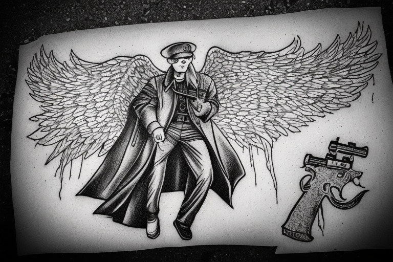 Male angel on pavement with dark background holding two guns infront of him wearing trench coat and sicilian cap tattoo idea