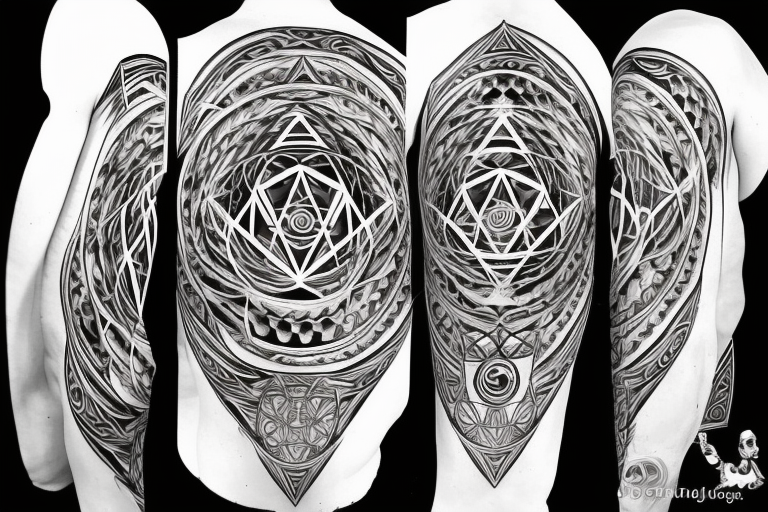 Evil looking alchemist surrounded with ancient alchemy symbols and sacred geometry tattoo idea