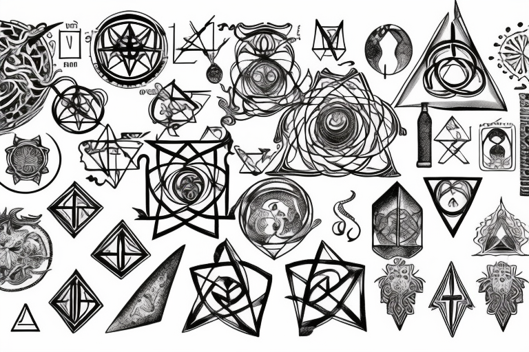 an alchemist surrounded with ancient alchemy symbols and sacred geometry tattoo idea