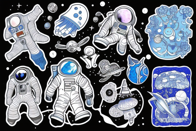A blue astronaut exploring a planet made of mushrooms tattoo idea