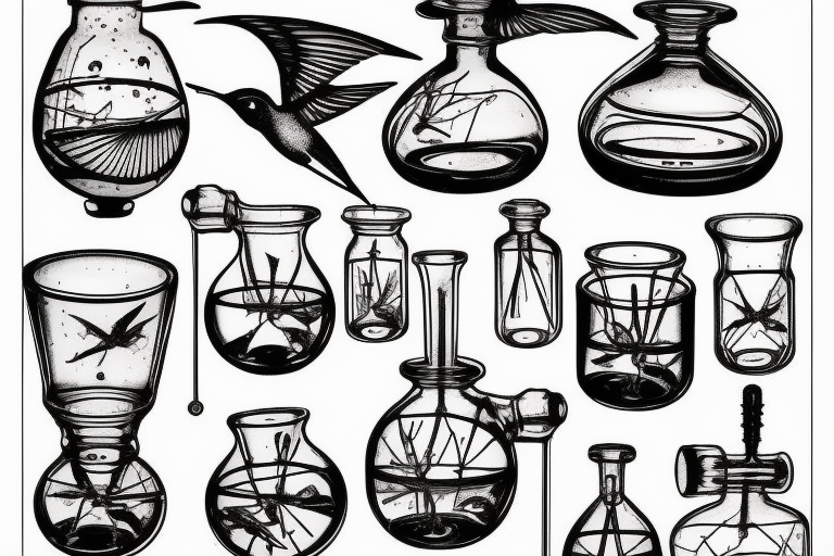 Humming birds drinking out of a intricate and complex chemistry glassware apparatus tattoo idea
