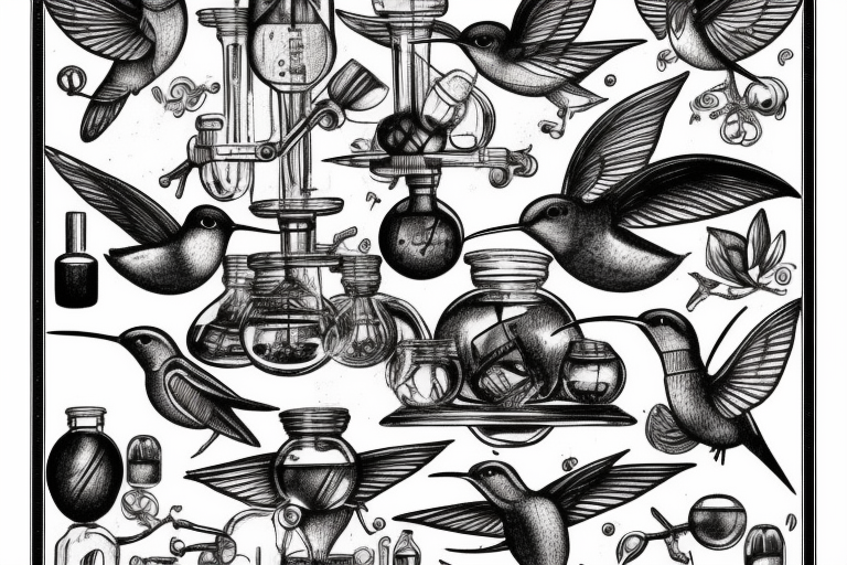 Humming birds drinking out of a intricate and complex chemistry glassware apparatus tattoo idea