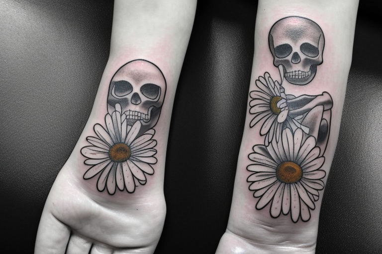 Cowboy skeleton sitting cross legged, resting chin in one hand looking at a daisy in other hand tattoo idea