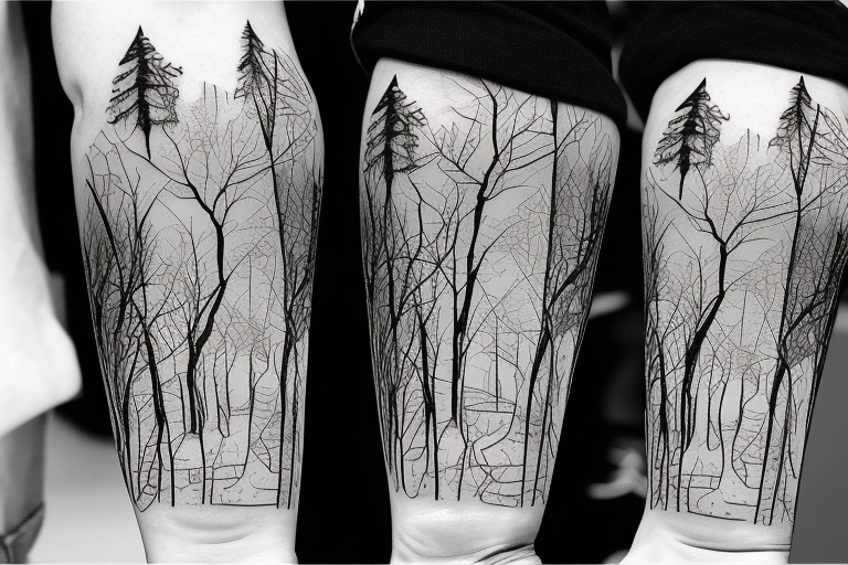 walking in a forest in the winter with a dog and hockey skates tattoo idea