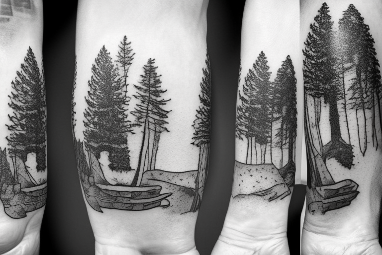 pathway in forest with trees surrounding a man with his dog tattoo idea