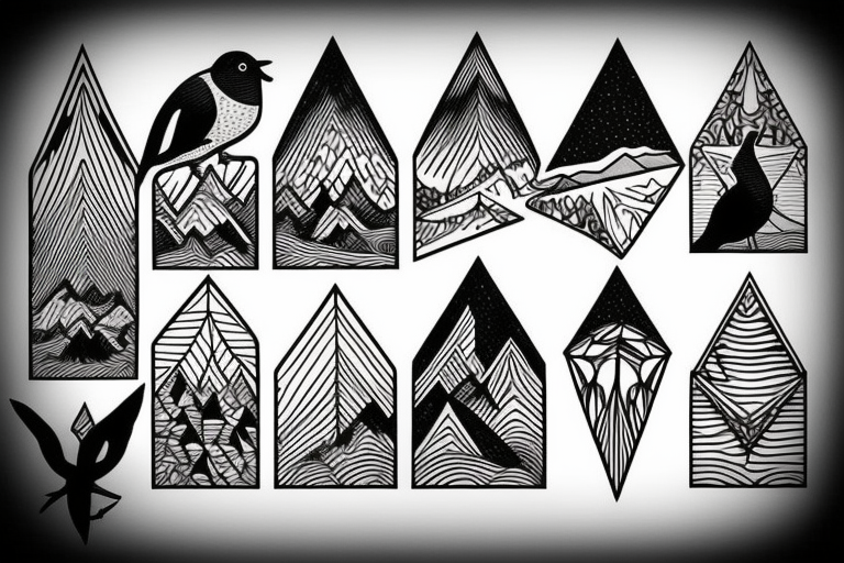 triangle Nature tattoo with Mountains, water, trees, birds and one animal tattoo idea