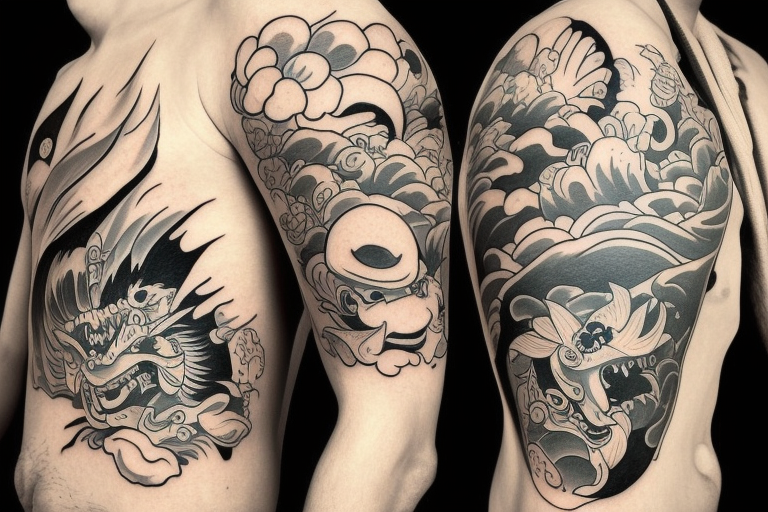 Max Fleischer , McBess cartoon style quarter sleeve tattoo . From shoulder to mid bicep.Cartoony take on the koi fish and Hokusai wave sleeve that became ubiquitous. like a fish winking with a pipe in his mouth and a captain hat on. And like give the wave like a face like max used to do with the houses and stuff in the old time musical cartoons. And have like a tiny skeleton dancing on a surfboard holding a fishing pole with a steak on the end for bait. tattoo idea