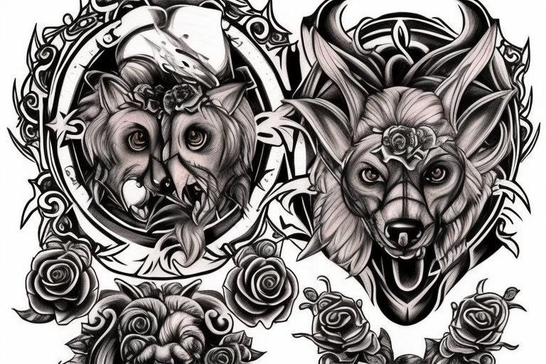 Sketch a chest tattoo. In the middle there is a Cerberus with 3 heads, the central one looks forward, the sharp ones are slightly to the sides. From the bottom of the heads should be bloodied roses. tattoo idea