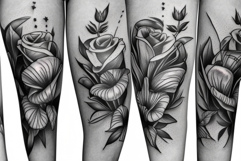 three roses, three stargazer lilies, and three large hops flowers, hops leaves, large thigh tattoo tattoo idea