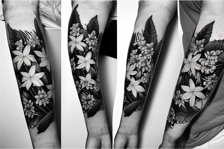 large tattoo including stargazer lilies, and large hops flowers, hops leaves, and roses tattoo idea