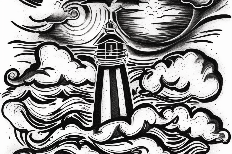A Lighthouse in the clouds with an anchor by the front door. tattoo idea