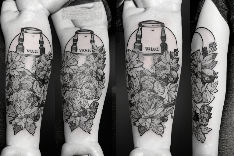 A sketched bottle of whiskey wrapped in various flowers tattoo idea