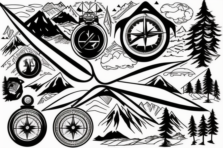 Mountains, Compass, Adventure, Van, Trees, Motorcycle, birds tattoo idea