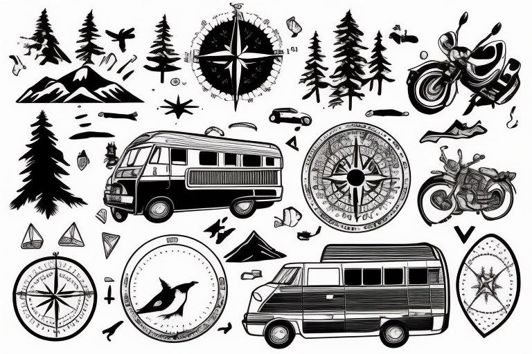 Mountains, Compass, Adventure, Van, Trees, Motorcycle, birds tattoo idea