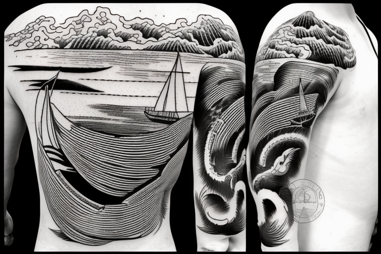 sailing boat on a kanagawa style sea with sea-eagle on the back of the forearm tattoo idea