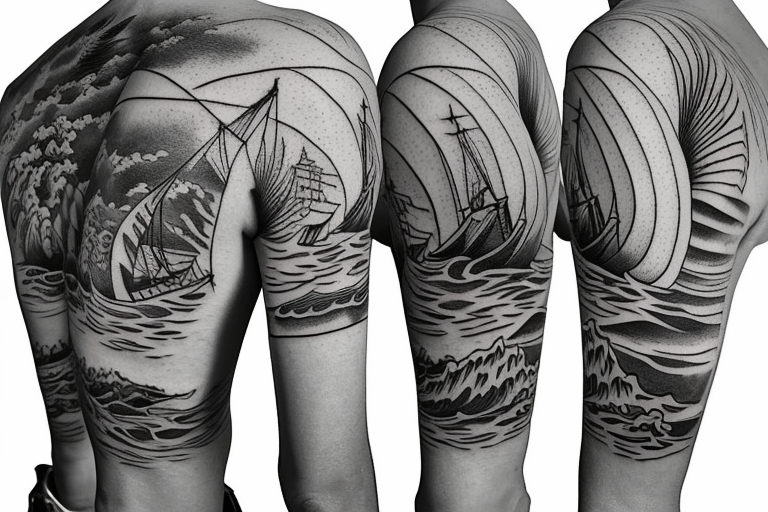 sailing boat on a kanagawa style sea with sea-eagle on the back of the forearm tattoo idea
