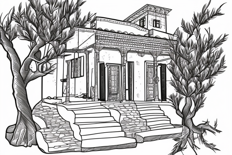 a line drawing of an old-fashioned greek house, on a hil. Olive tree on the stairs tattoo idea