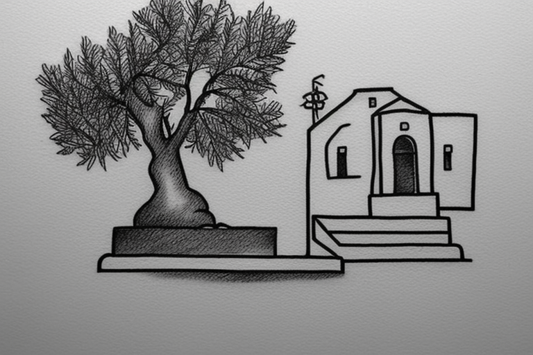 a really simple line drawing of a small Greek house, on a hill. A small Olive tree and cat
 on the stairs tattoo idea