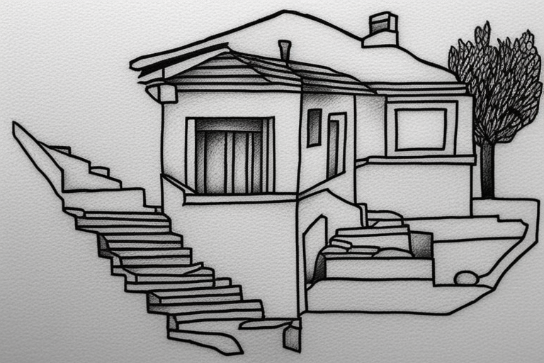 a small simple line drawing of a small Greek house, on a hill. A small Olive tree and cat
 on the stairs tattoo idea